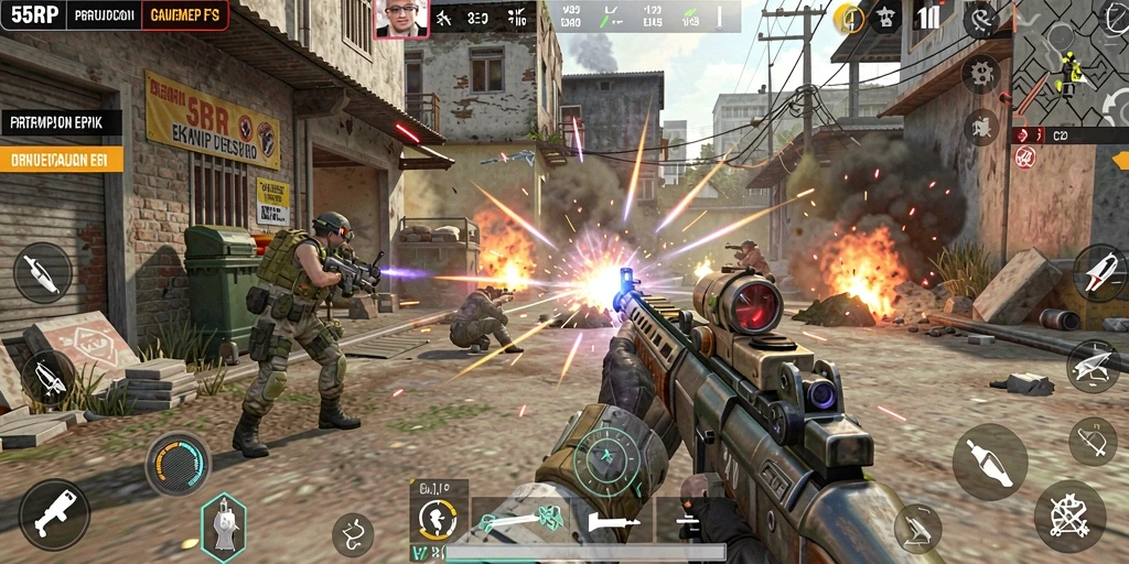 Screenshot yang menampilkan aksi pertempuran intens dalam 55RP.
