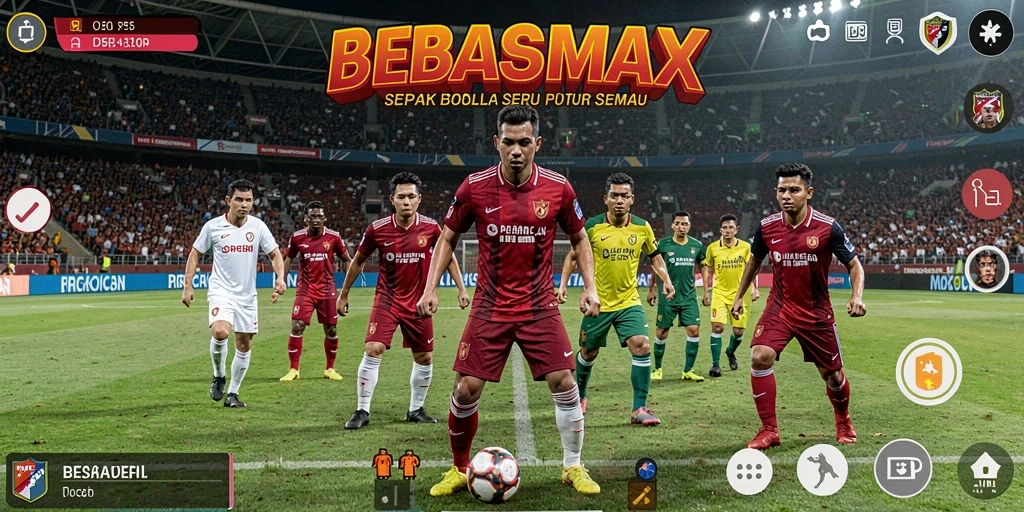 Tangkapan layar gameplay BEBASMAX menampilkan aksi sepak bola yang mendebarkan.