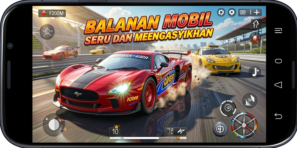 Tangkapan layar gameplay F200M menampilkan aksi balapan yang mendebarkan.