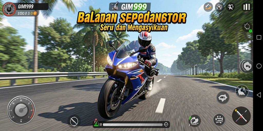 Tampilan gameplay GIM999 dengan aksi balapan sepeda motor yang mendebarkan.
