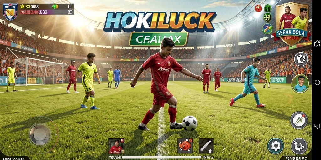 Screenshot gameplay HOKILUCK menampilkan momen seru di lapangan sepak bola.